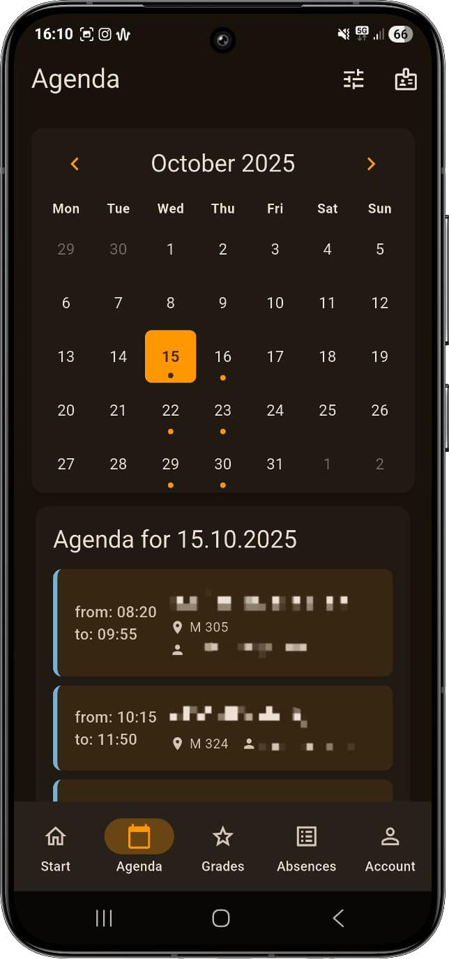 Schuly agenda page — schedule and upcoming exams
